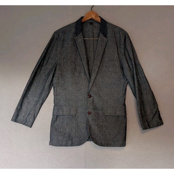 J.CREW Ludlow Navy Blue Grey Chambray Blazer Cotton Unstructured Men Small 38R